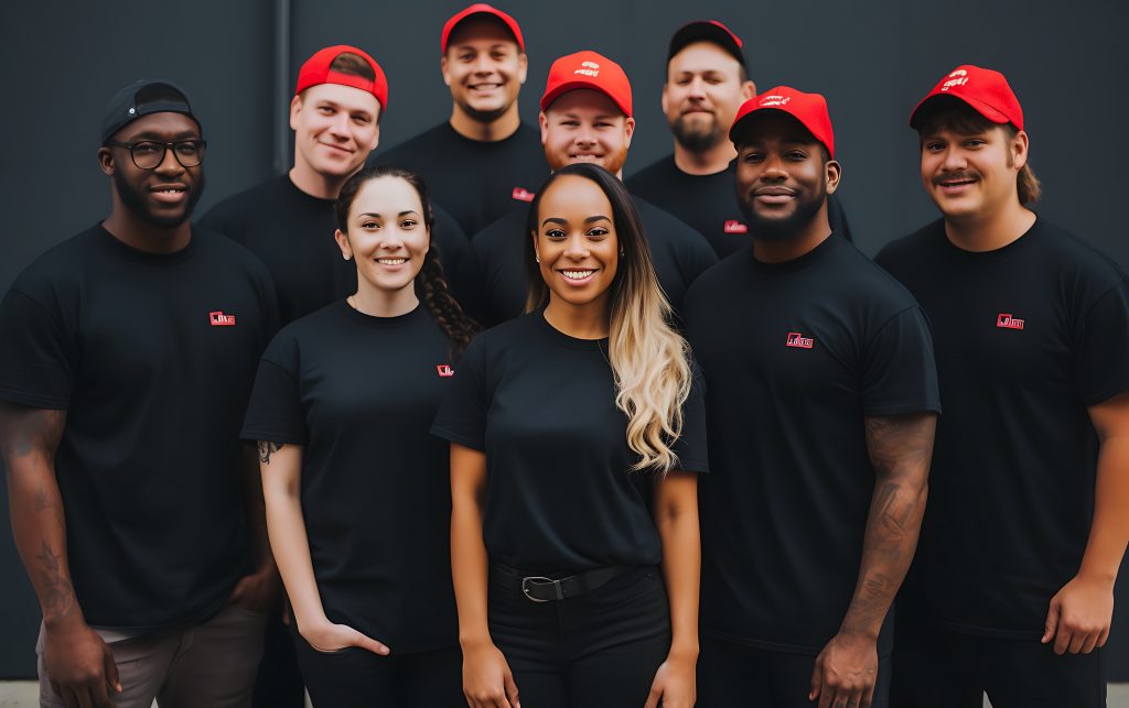 Equipo de empresa utilizando merchandising corporativo personalizado