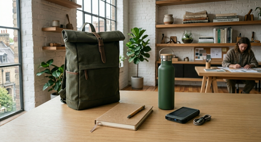 Welcome pack corporativo con merchandising sostenible y productos solares