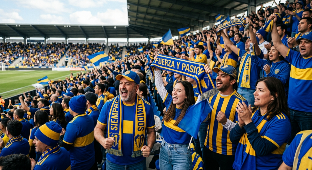 Aficionados utilizando merchandising deportivo en un evento multitudinario.