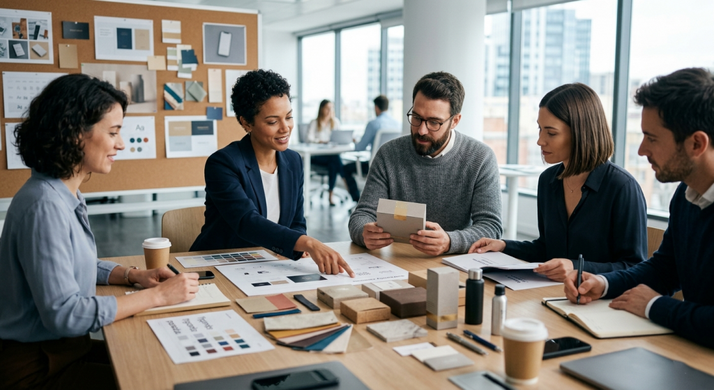Equipo desarrollando una estrategia de branding y merchandising corporativo