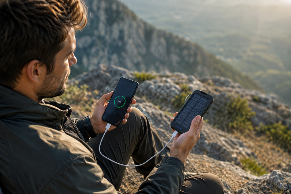 Usuario utilizando una powerbank solar como regalo promocional sostenible